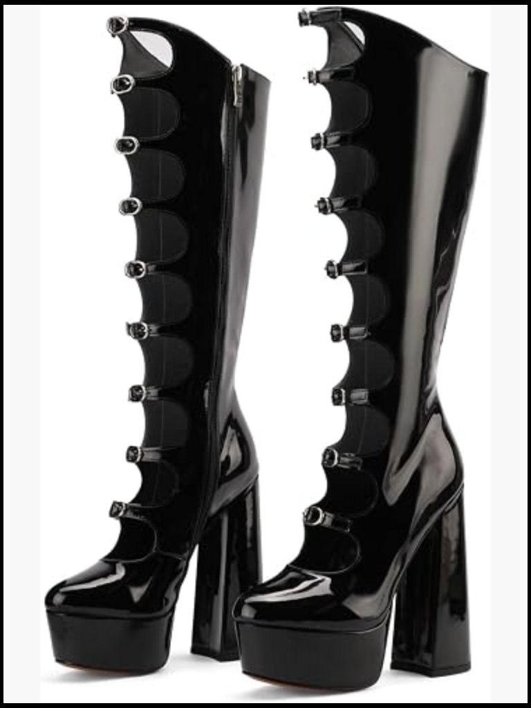 Knee High Chunky Platform Boots Gothic Cut-Out Buckle Patent Leather Y2k